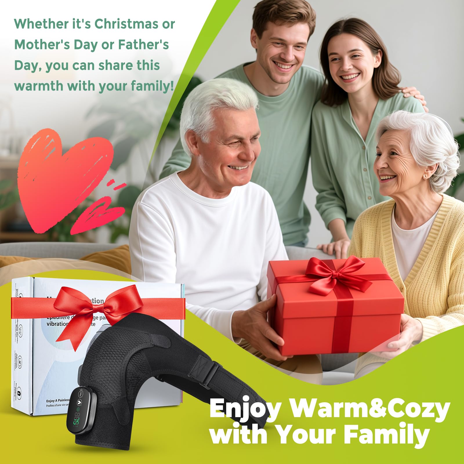 Almohadilla térmica inalámbrica para hombros, almohadilla térmica eléctrica con masaje, soporte térmico para hombro izquierdo y derecho, soporte térmico para envolver el hombro, regalo de Navidad