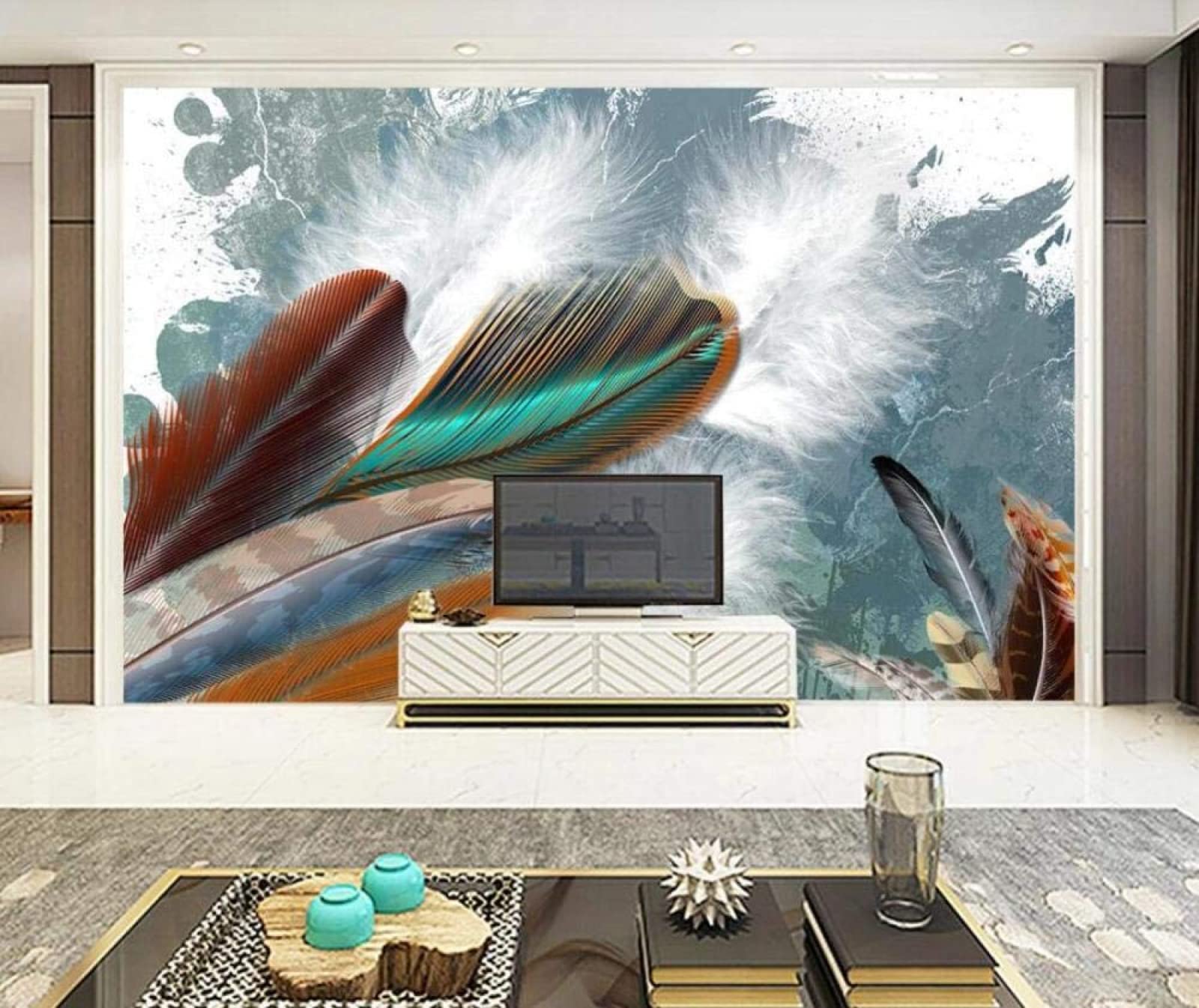 Papier Peint - Plume - 3D Rétro - Multicolore - 350x256cm - Décoration