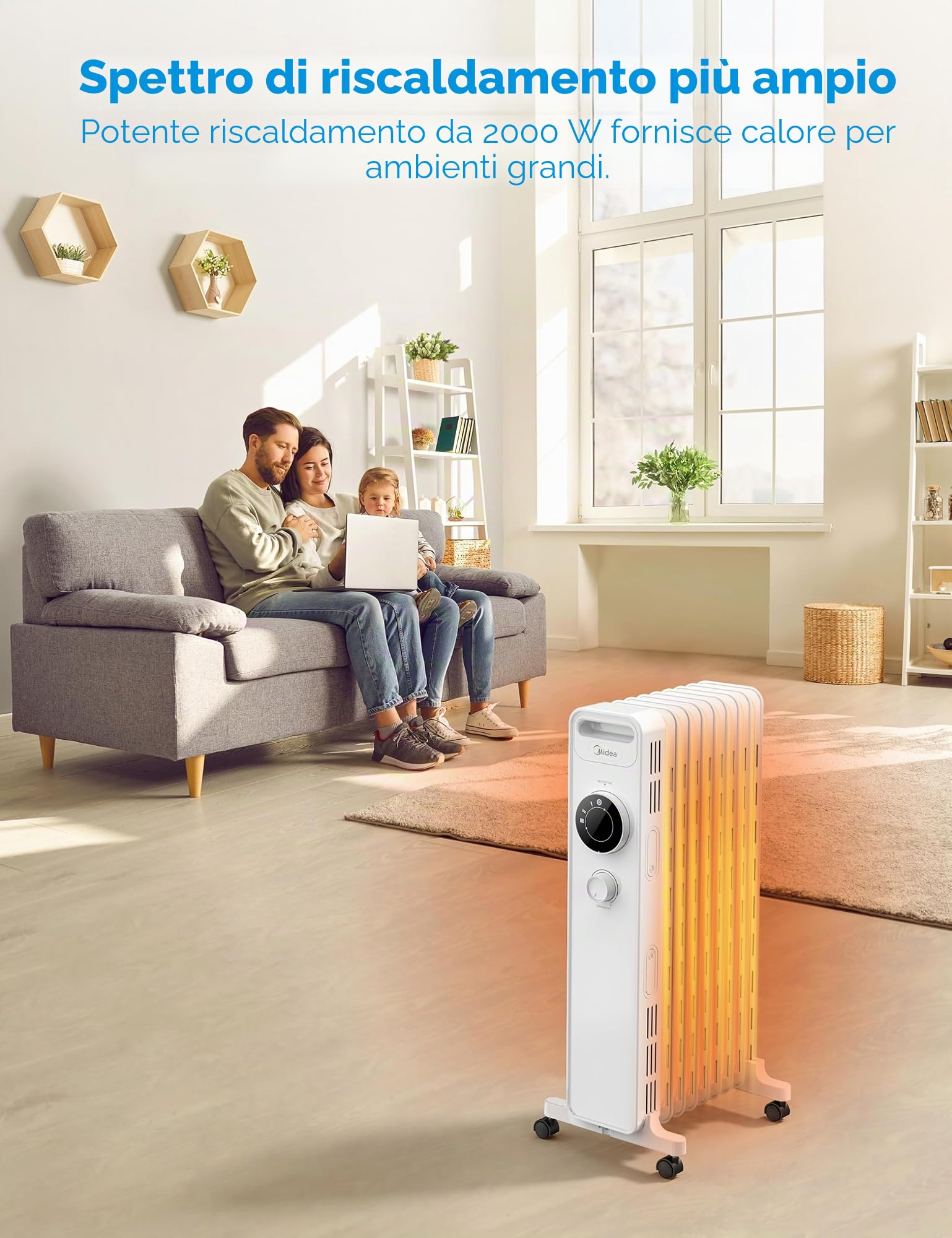 Midea NY2009-22M Radiatore ad olio 2000 W, termoventilatore a risparmio energetico, silenzioso, radiatore a 9 costole, termostato regolabile, 3 livelli di riscaldamento, protezione antigelo, display
