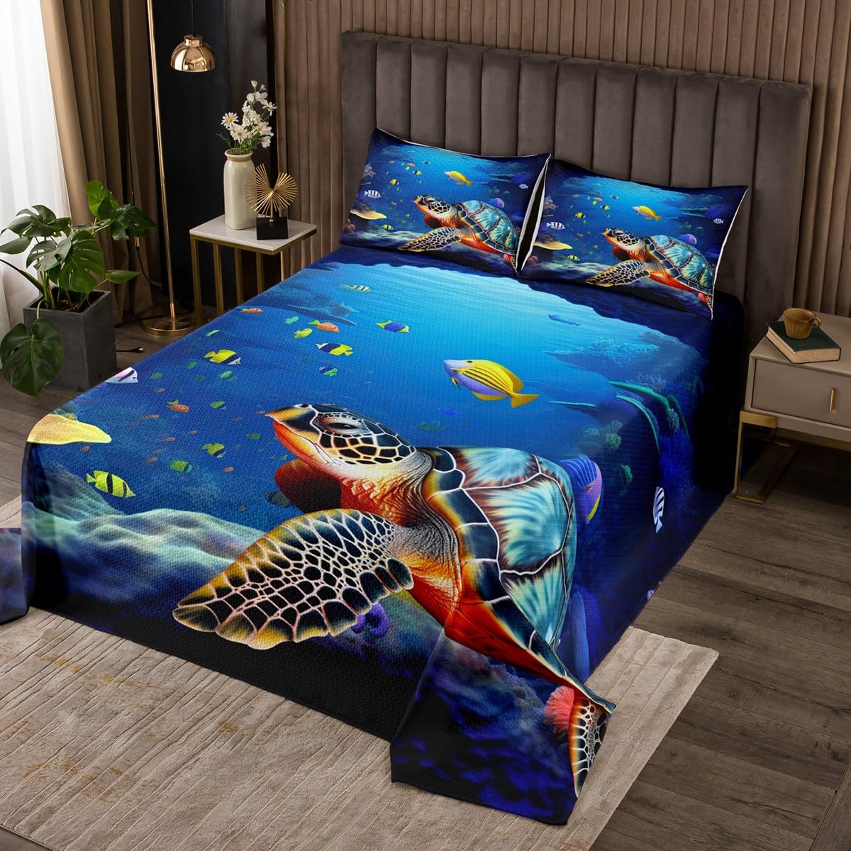 Kids 3D Turtle Coverlet Set Queen Seaweed Blue Sea Animal Quilt Ocean Corals Fishes Bedding Cover for Teens Boys Girls Sealife Reptile Pattern Quilt Bedspread Set with 2 Pillowcases,Soft Lightweight