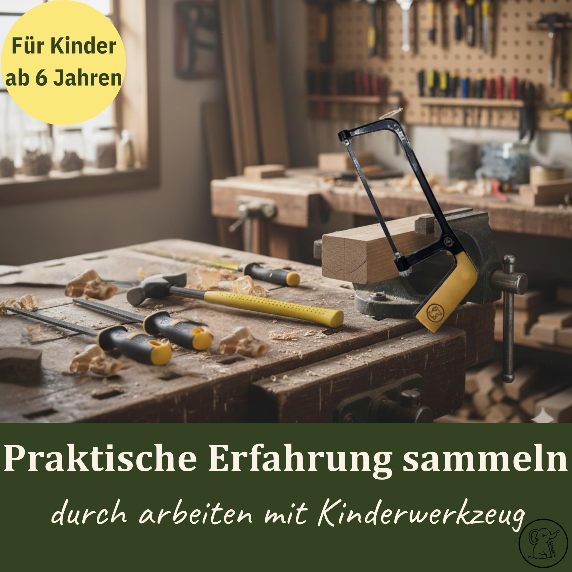 Eli® Kinderwerkzeug Set ab 6 Jahre inkl Kindersäge - Hammer - Holzraspel - Schutzhandschuhe - echtes Werkzeug Set für alle junge Baumeister und Bauarbeiter - Säge für Kinder - Geschenkidee