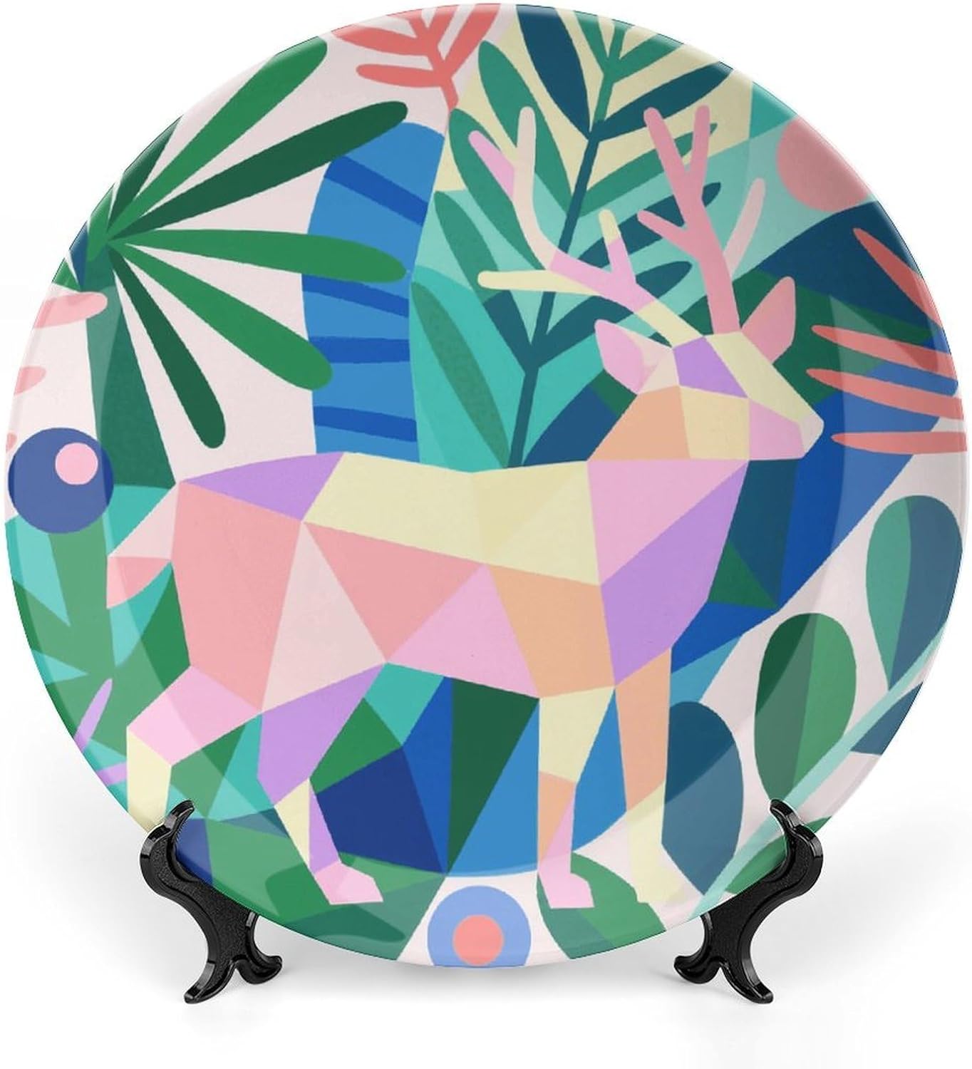 Geometric Animal Texture Decorative Plates Bone China Plates with Stand for Display 8inch Round Ceramic Dinner Plates Dessert Plate for Kitchen Party Coffee Table Decor Art