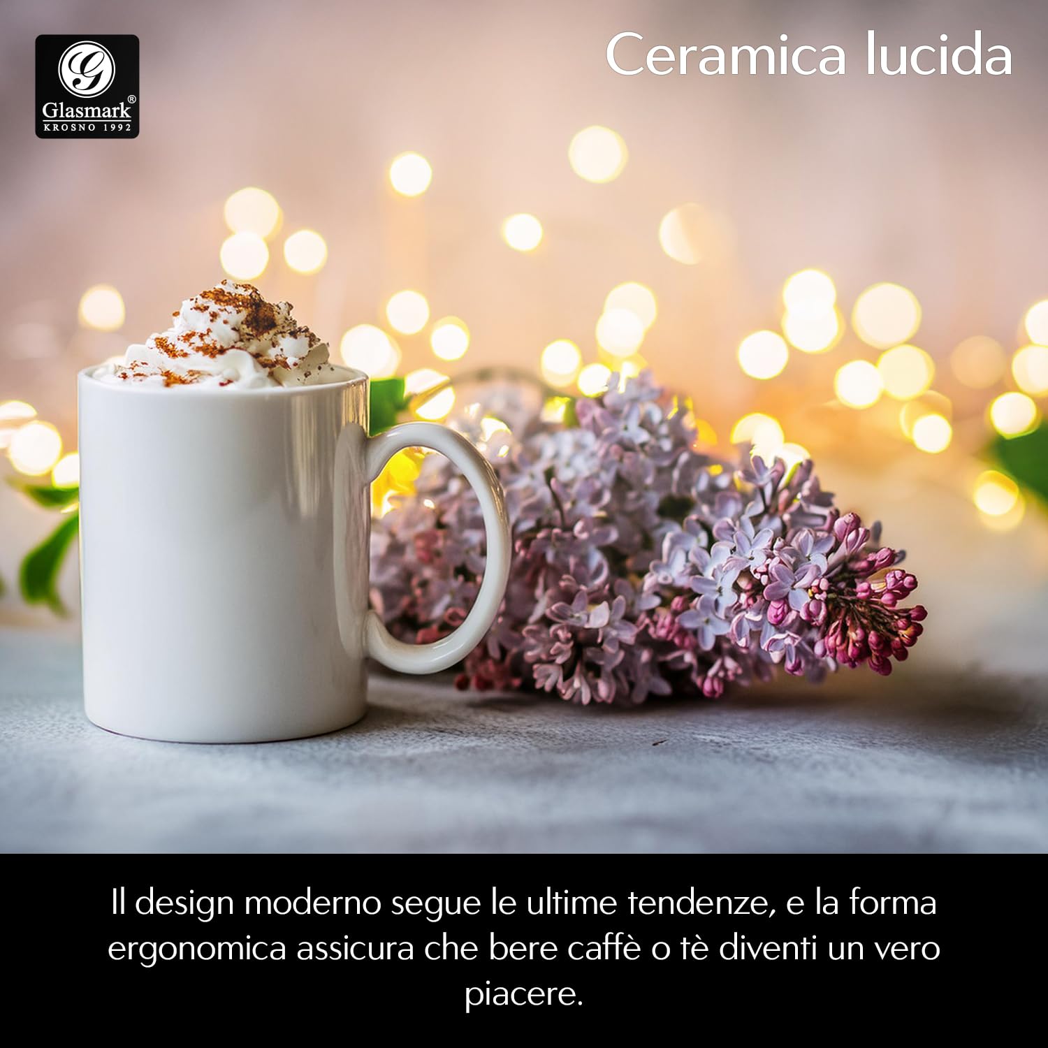 Glasmark Krosno - Set di 6 tazze da caffè in ceramica con manico, 300 ml, colore: Bianco