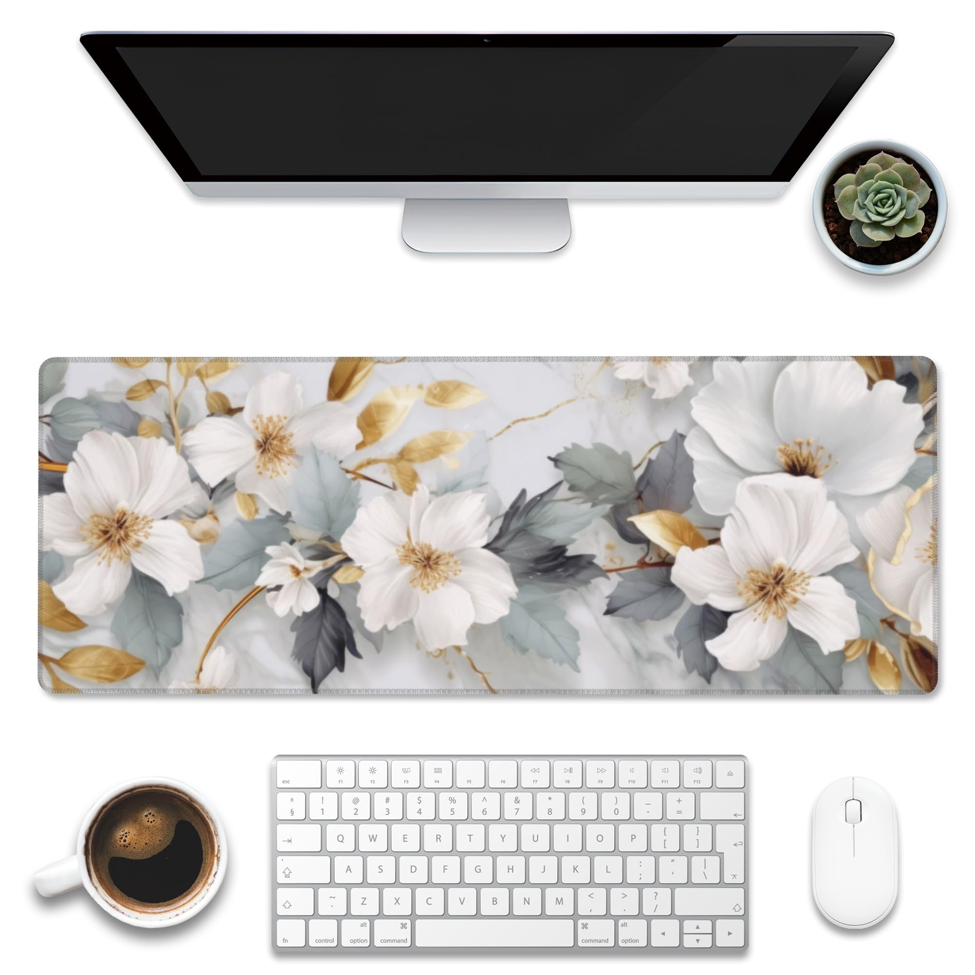 Eflxamz Desk Mat,White Gold Marble Desk Pad,White Flowers Golden Leaves Large Gaming Mouse Pad for Desk,Extended Big Computer Keyboard Mouse Pad with