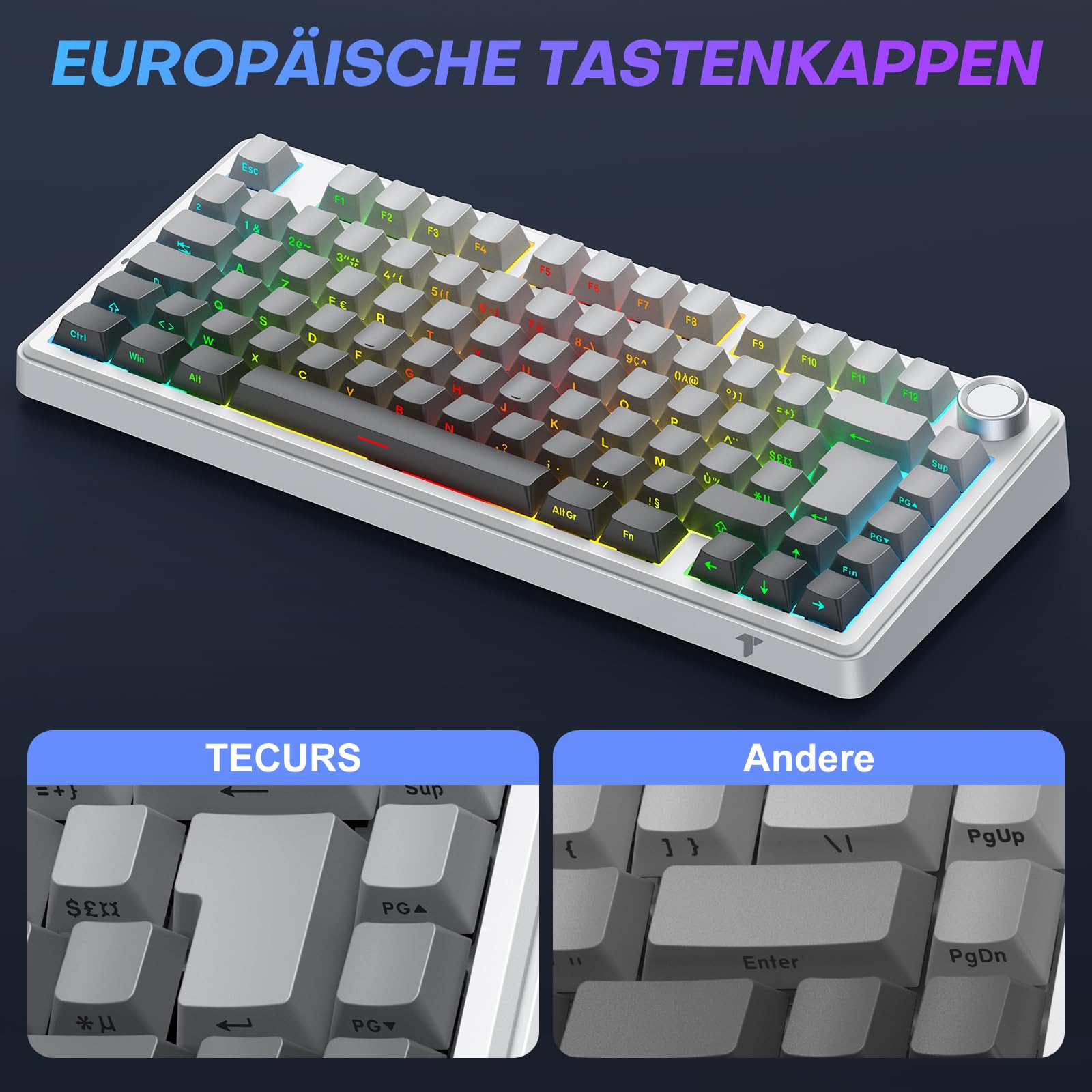 TECURS 75% Gaming Tastatur Kabellos, DREI-Modus 2.4GHz/BT5.0/Type-C RGB Rote Schalter Mechanische Tastatur, Hot Swap, Seitliche Gravur PBT-Tastenkappen mit Drehknopf, QWERTZ (Gradient Grau)