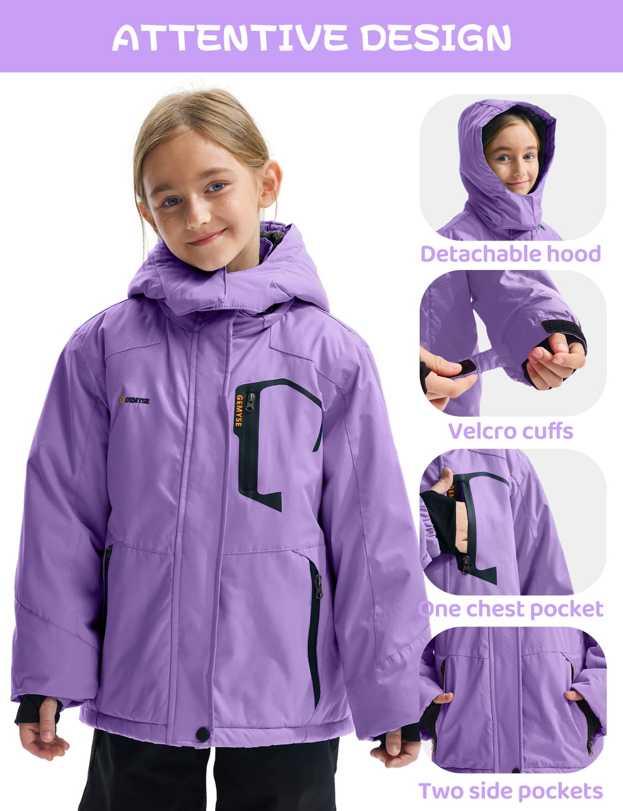 GEMYSE Veste de Ski Imperméable de Montagne pour Fille Manteau d'hiver Extérieur en Polaire Coupe-Vent avec Capuche