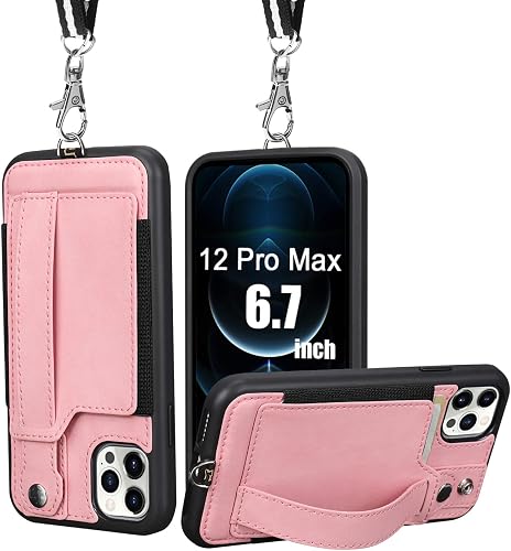 TOOVREN Wallet Case for iPhone 12 Pro Max Lanyard Case with Leather PU Card Holder Stand Adjustable Detachable Phone Neck Strap, Phone Protective Back Cover 6.7'' for Women Girls (Pink)