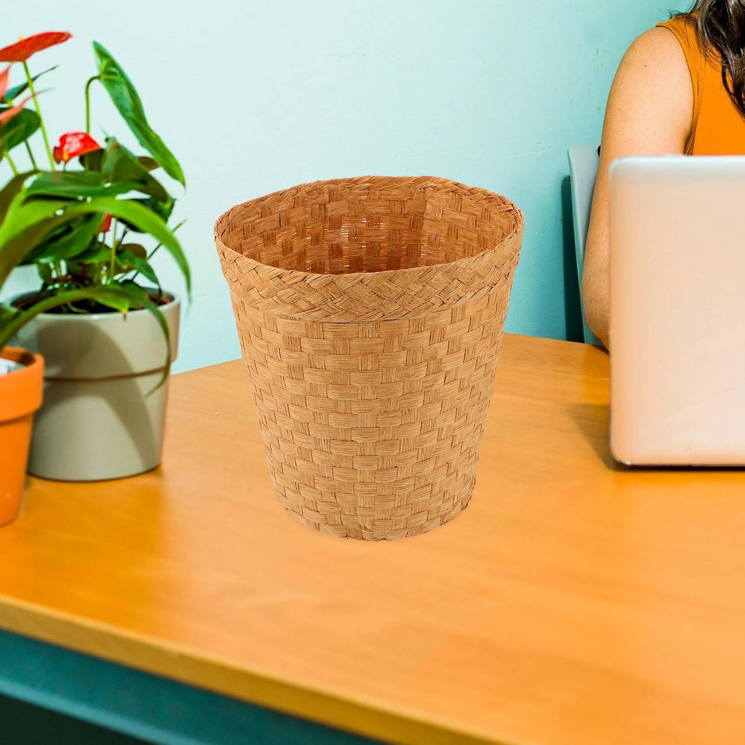 Zerodeko Woven Trash can 10.24 Inch Lightweight Rattan Wastebasket Multipurpose Storage Basket for Office Bedroom Bathroom Home Organization