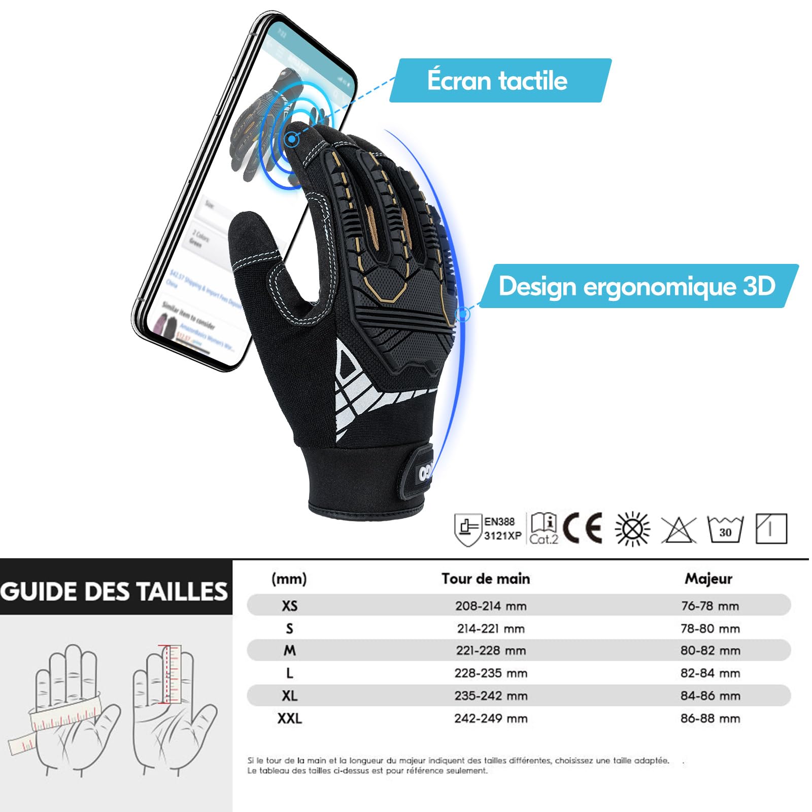 Vgo... 3Paires Gants de travail de sécurité, gants de mécanicien, gants anti-vibrations, robustes (SL8849,9/L,Noir/Doré,3Paires)