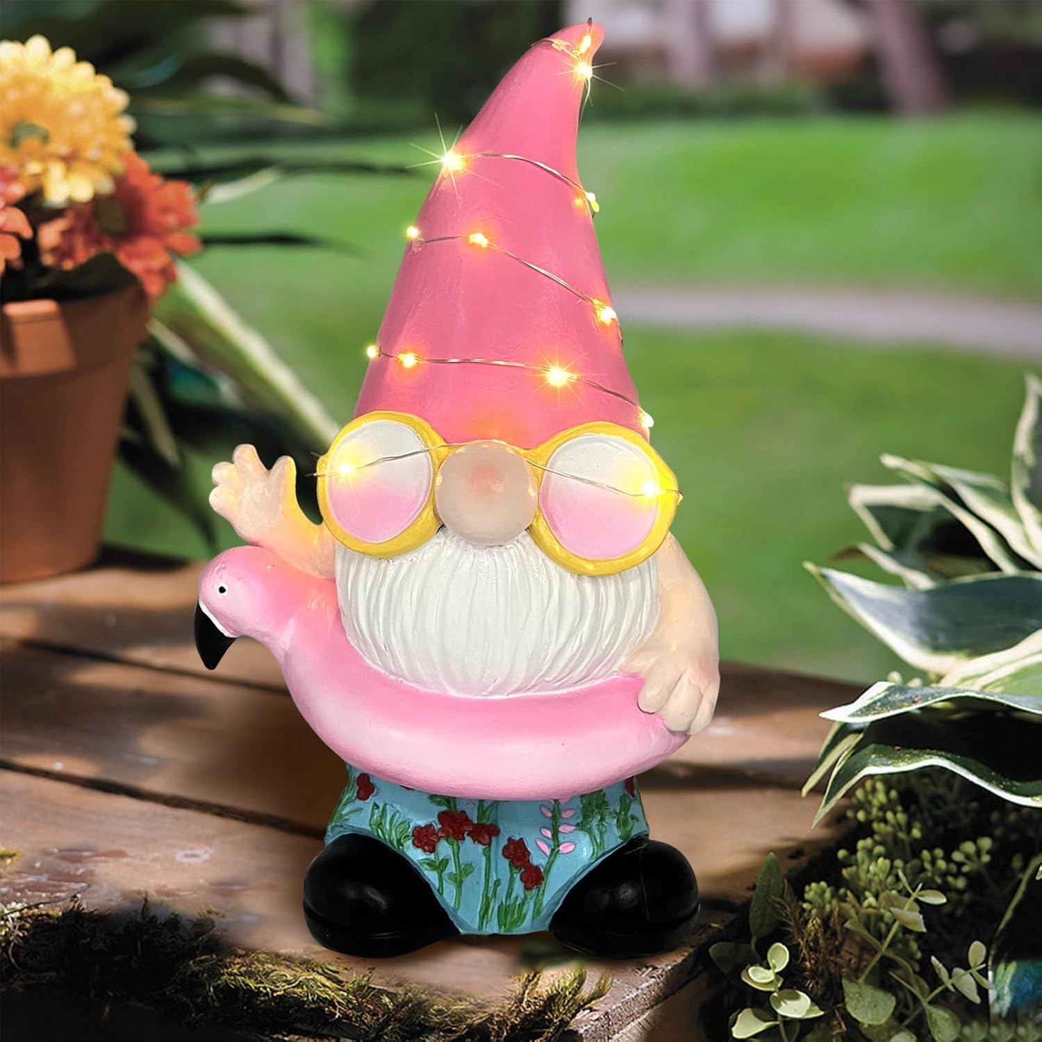 BAYN Garden Gnome Statues Outdoor Decor, Solar Powered Outdoor Gnome with Flamingo Swimming Decorative Yard Garden Lights Art Gifts with 11 Warm White LEDs Flamingos Gnome