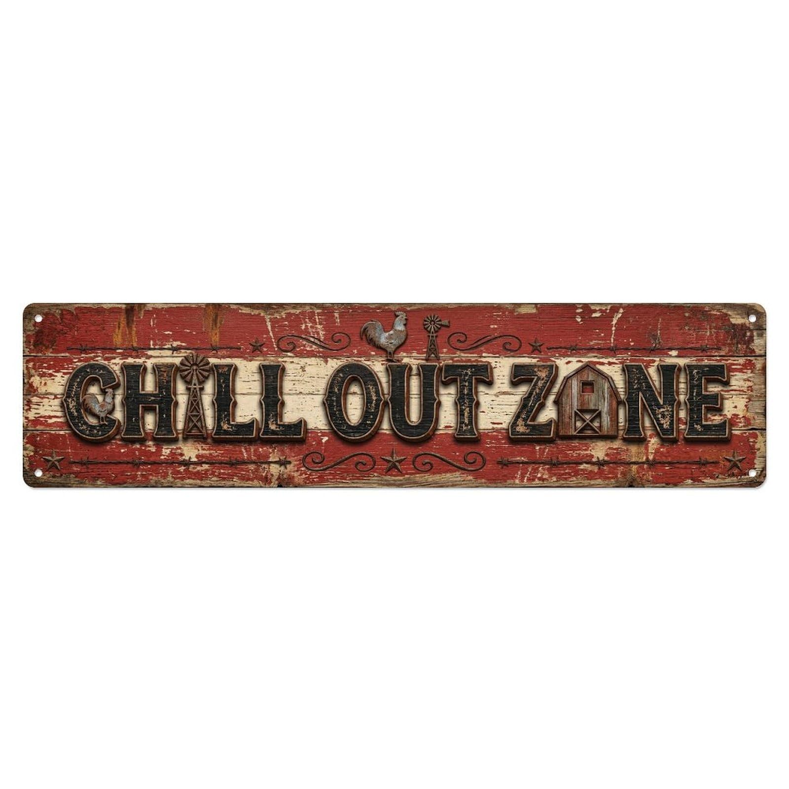 Chill Out Zone Rustic Farmhouse 1 Metal Tin Skinny Sign Plaque Wall Decor for Cafe, Club Bar, Office, Home Garden Metal Poster 4x16Inch