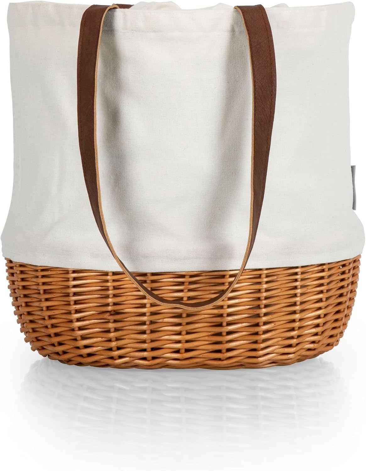 PICNIC TIME America250 Coronado Canvas and Willow Basket Tote, Picnic Tote Bag and Beach Carryall with Drawstring Closure and Handles, (Beige Canvas)