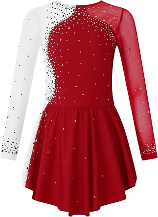Oyolan Kids Girls Rhinestone Ice Skating Dress Mesh Splice Long Sleeve Leotards Skirted Junior Figure Skating Costume