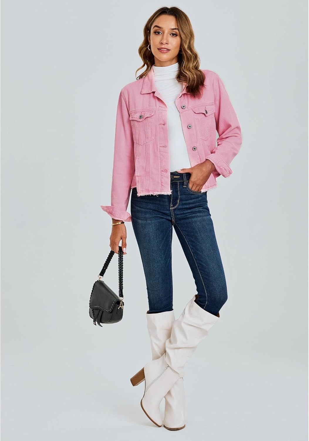 luvamia Denim Jacket for Women Distressed Jean Jackets Button Up Vintage Western Trucker Jacket Frayed Hem Pockets - Image 6