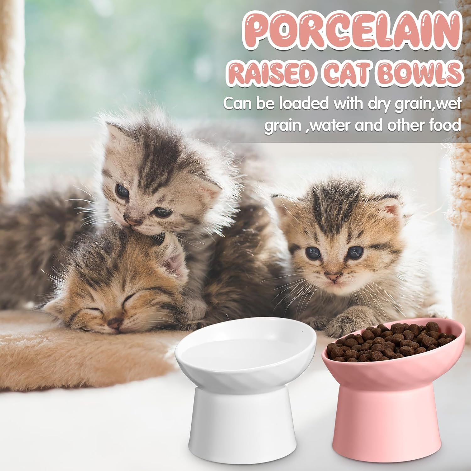 Tanlade 4 Pcs Ceramic Raised Cat Bowls, Elevated Tilted Cat Bowl for Food Water, Stress Free, Backflow Prevention, Dishwasher Microwave Safe, Feeder Dish for Indoor Kitten, Small Dogs(White and Pink)