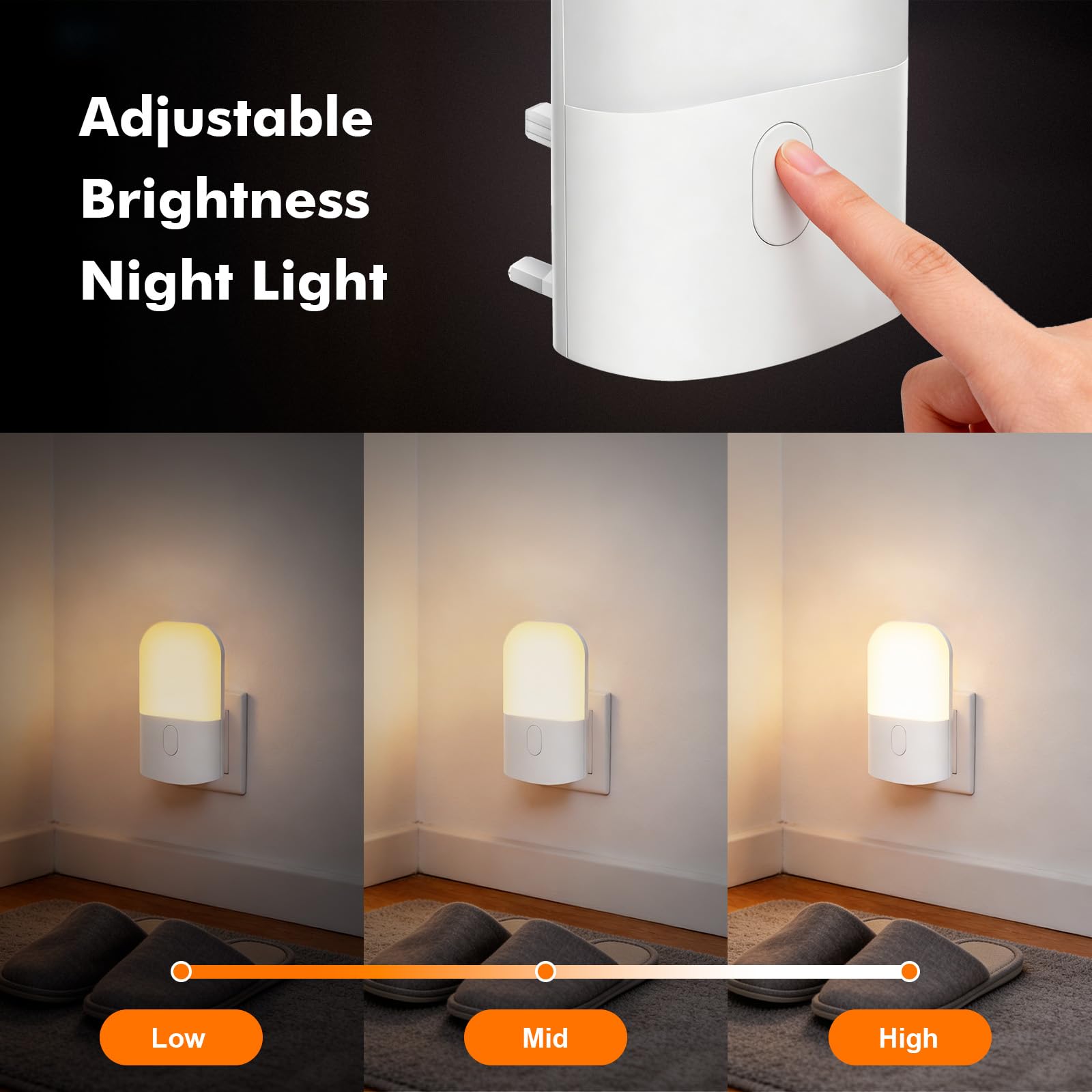 GRIFEMA GD103UK-1 Night Light Plug in Wall with Dusk to Dawn Photocell Sensor, 4 Levels Brightness Adjustable, Night Light Kids for Children's Room, Hallway, Bedrooms, Garage, Warm White — view 2