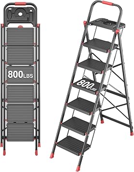 6 Step Foldable Step Ladder with Mutifunctional Tool Tray, Platform Ladders Stepstools, Step Stool 6 Step Folding with Non-Slip Pedals, 800lbs Bearing Capacity for Adults, Home, Kitchen, Black Red
