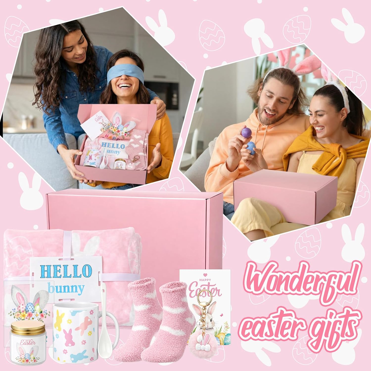 Remerry Easter Basket for Teen Girls,10 Pcs Easter Gifts Basket Stuffers for Girls Women Adult Bunny Gift Set Include Coffee Mugs with Spoon Straw Fleece Blankets Socks Scented Candle Rabbit Keychain