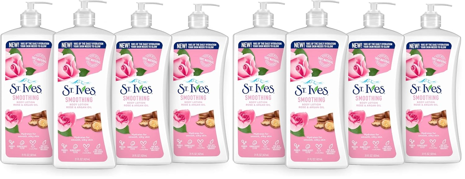 St. Ives Smoothing Hand & Body Lotion for Women with Pump, Daily Moisturizer Rose and Argan Oil for Dry Skin, Made with 100% Natural Moisturizers, 21 fl oz, 8 Pack