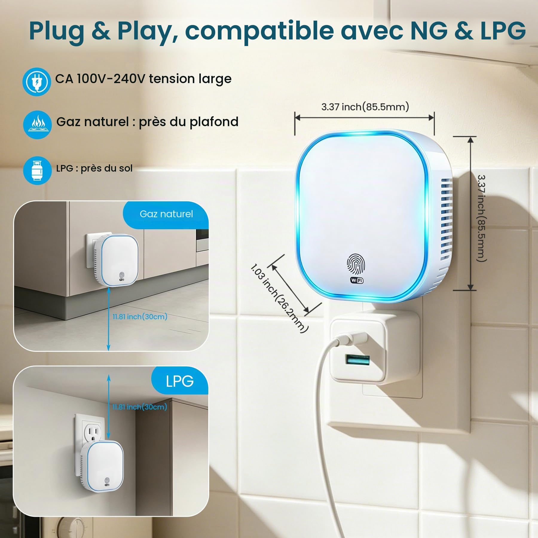 BoundlessBrothers Détecteur de Gaz WiFi, Alarme Cuisine en 50194, Compatible Tuya Smart 2.4GHz, Capteur de Fuite pour Gaz Naturel, Méthane, Propane, Butane, GPL