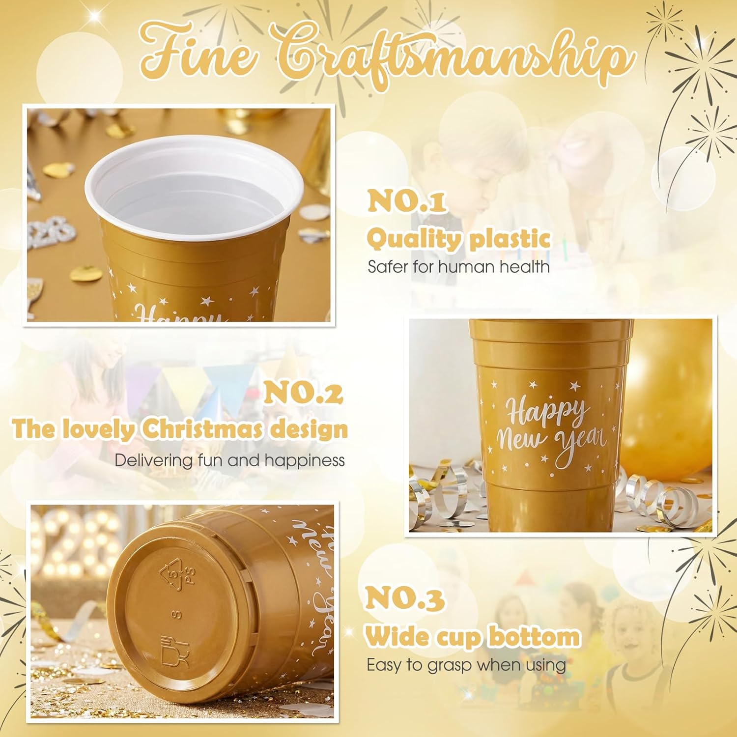50 Pcs 2026 New Year Disposable Cups 16oz Plastic Party Cups Gold Happy New Years Eve Reusable Drinkware for Winter Party Holiday Drinks Decorations Toss Game Supplies - Image 4