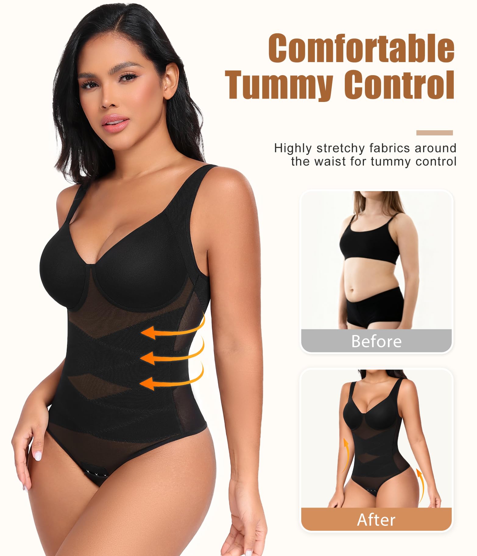 Niwicee Shapewear Damen Body Shaper Bauchweg Bodysuit Tanga Mesh Atmungsaktiv Shapewear V-Ausschnitt Formende Miederbody Figurformende Tank Top Jumpsuit Shaping mit BH