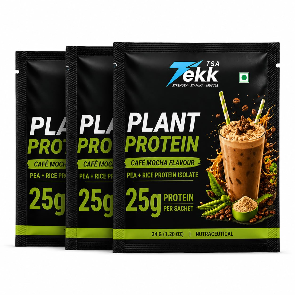 TSA Tekk Plant Protein Powder, Café Mocha Flavour, Pea & Rice Protein Isolate, 21g Protein Per Serving, 100% Vegan, Pack of 6 Sachets 34 gram each sachets, Pack of 3-image-31