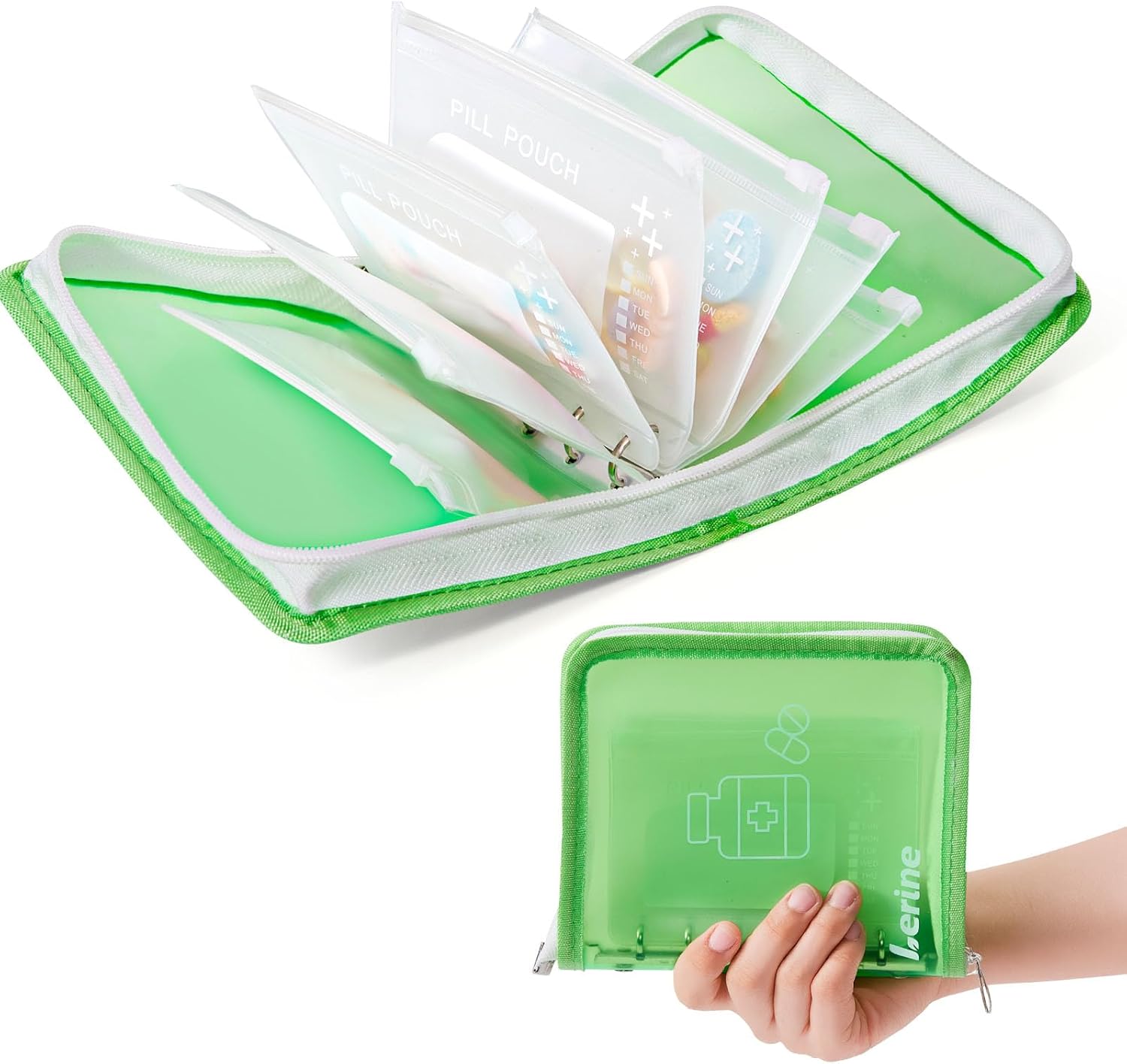 Lerine 7 Reusable Pill Pouch Bags, Zippered Pill Pouch Set, Travel Medicine Organizer with Write on Label, BPA Free Self Sealing Bags with Slide Lock, Ring Binder for Daily Vitamin, Supplement Storage