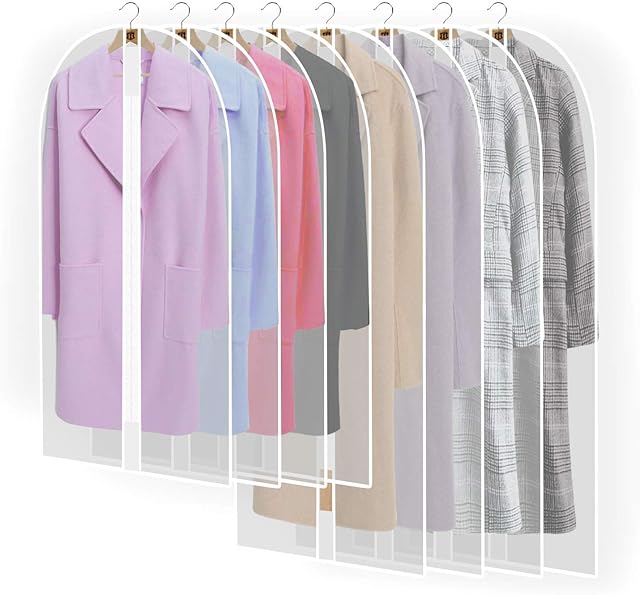 8 Pack Breathable Clothes Covers Bags with Zip, Waterproof Dustproof Garment Protector Bags Moth Proof Dress Bag Covers Damp-proof Mens Suit Storage Bag for Wardrobe Storage and Travel(White)
