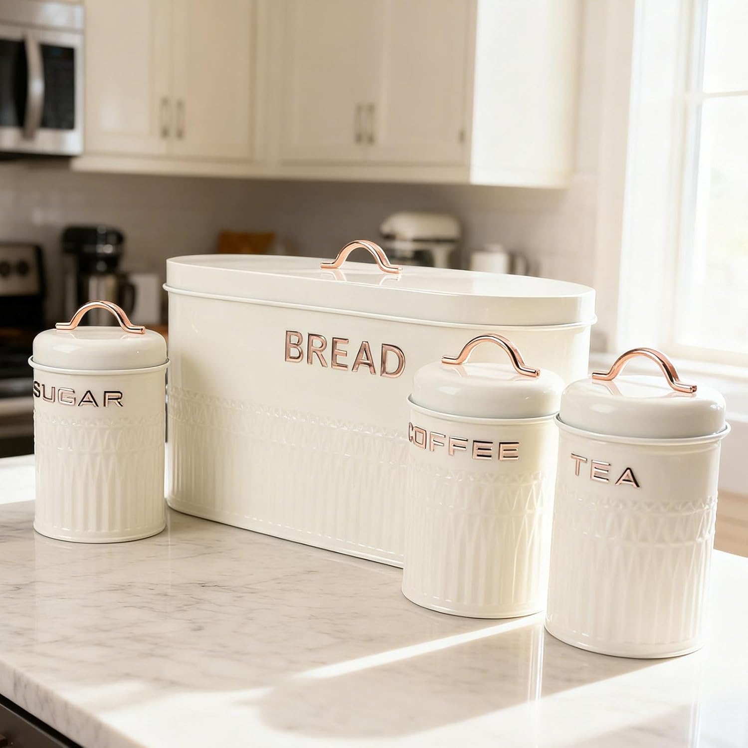 4PCS Bread Box and Canister Set for Kitchen Countertop, Iron Bread Bin Sugar Tea Coffee Storage Canister with Lid, Set for Loaf, Pastry, Dry Food, Space Saving H (Cream)