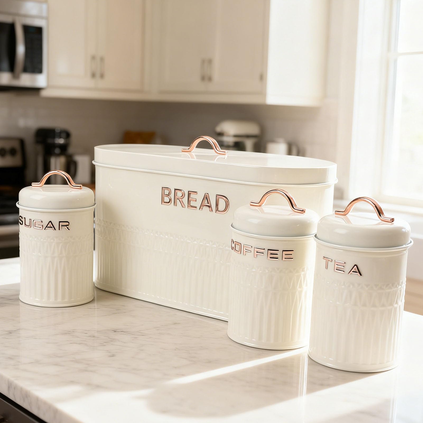 Buachois Brotkasten Dosen Set, 4-teilig Eisen Küche Kaffee Tee Zucker Behälter aus Eisen für Arbeitsplatte Aufbewahrung (Cream)