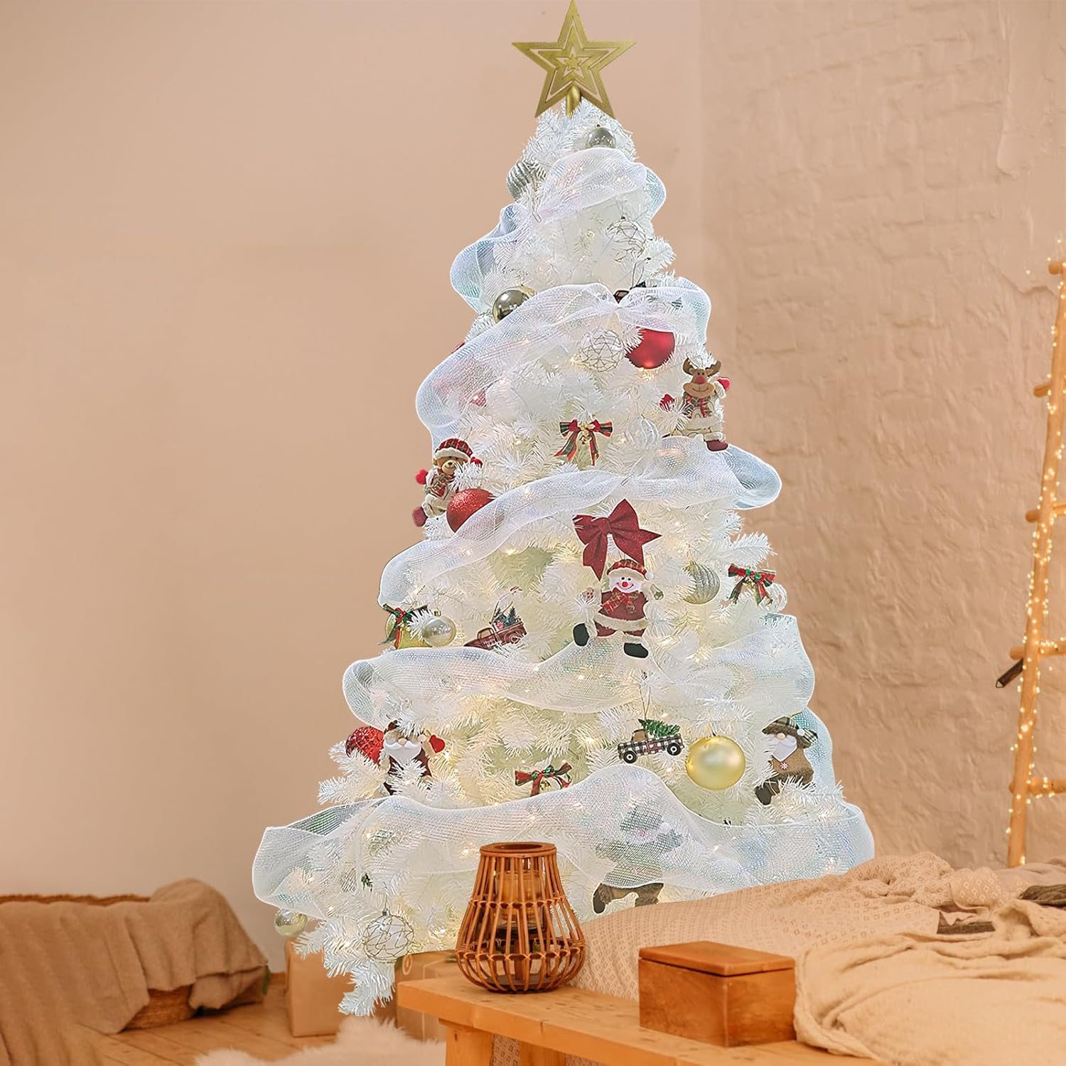 BDL 6FT White Christmas Tree Premium Hinged Artificial Pine Tree with Solid Metal Stand and Decorations,800Tips