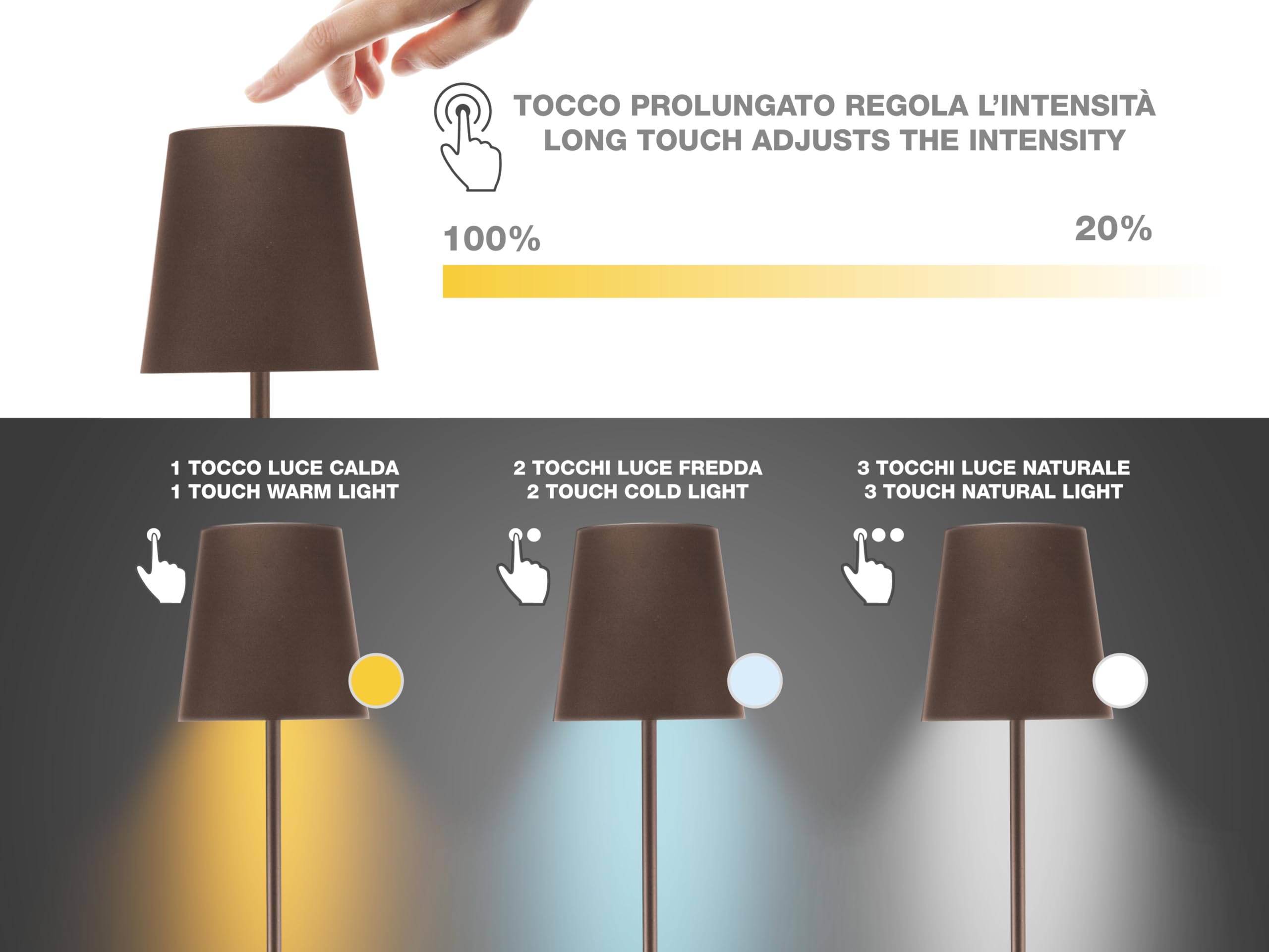 BEPER P201UTP405 XL Lampa Podłogowa z Regulacją Wysokości, Lampa Biurkowa 2.5W, Kabel USB Typu C do Ładowania, 3 Klosze, Corten