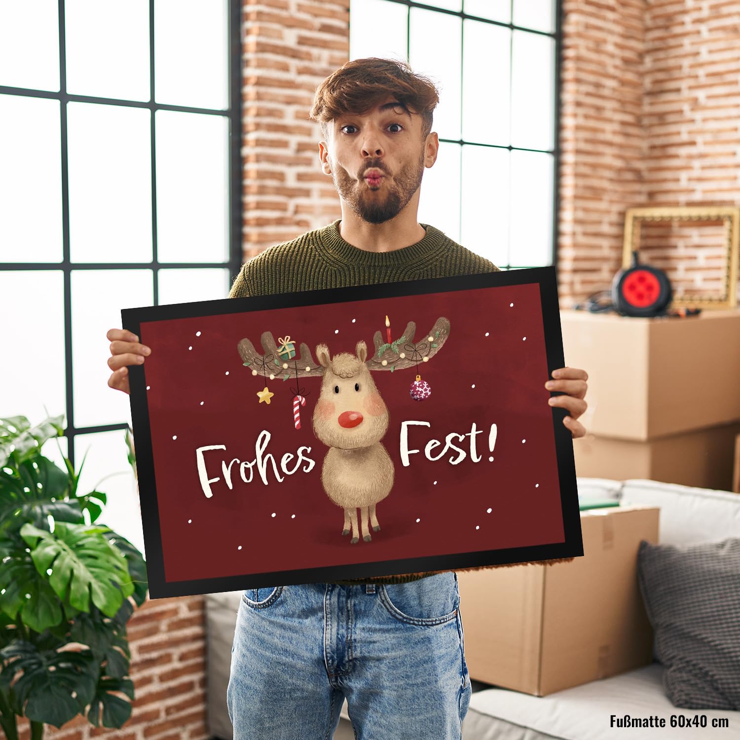speecheese Frohes Fest Rentier mit Weihnachtsschmuck Fußmatte XXL in 50x75 cm eine Festliche Fußmatte XXL in 50x75 cm zur Weihnachtszeit Weihnachtliche Fußabtreter REH Türmatte für Frauen
