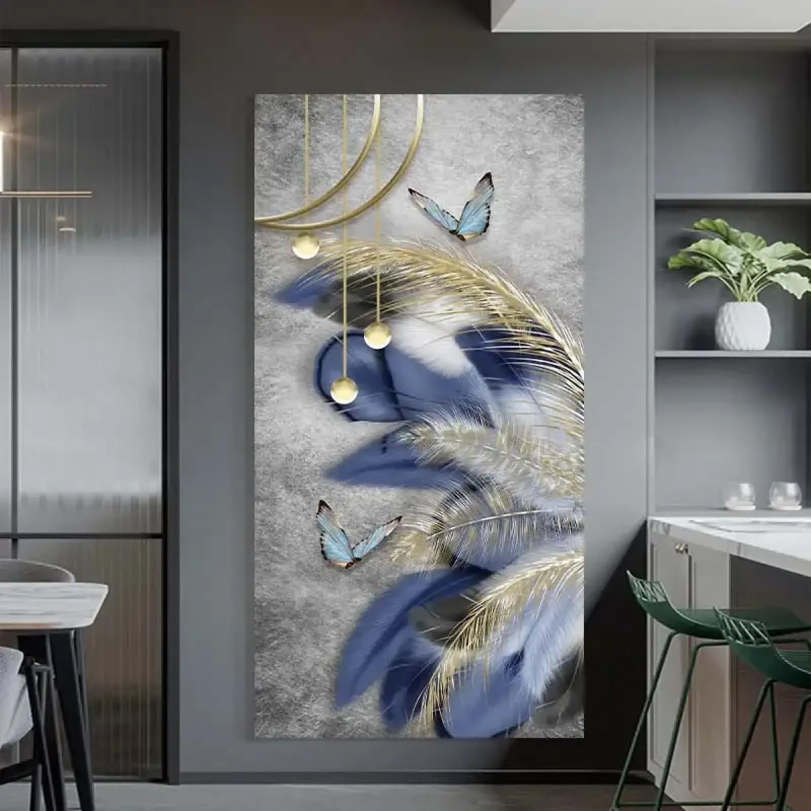 Nordic Abstract Feather Butterfly Canvas Posters Prints Canvas Paintings Money Tree Wall Art for Living Room Home Decor 50x100cm(20x39in) Withframe