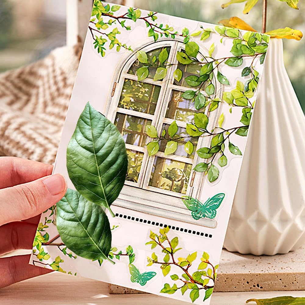 120Pcs Floral Leaf Sticker Set, Spring Flower Stickers for Scrapbooking Journaling Supplies PET Scrapbook Stickers Aesthetic Decorative Stickers Junk Journal Sticker Colorful Plant Decals for Crafts