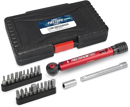 FIRSTINFO Taiwan 1/4" Drive Mini Torque Wrench Set, 30-140 in-lb, 20 Bits | 72-tooth ratchet Reversible Click-Type 5 swing arc 4% CW/CCW accuracy Quick-release head Window scale