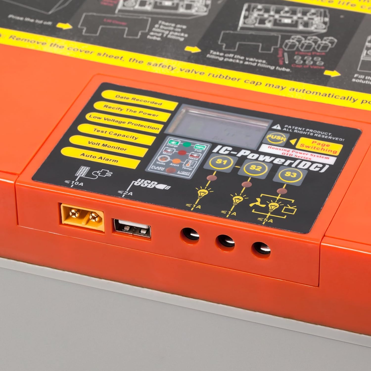 Close-up of the VIPOW Rebel IC-Power battery's display and output ports.