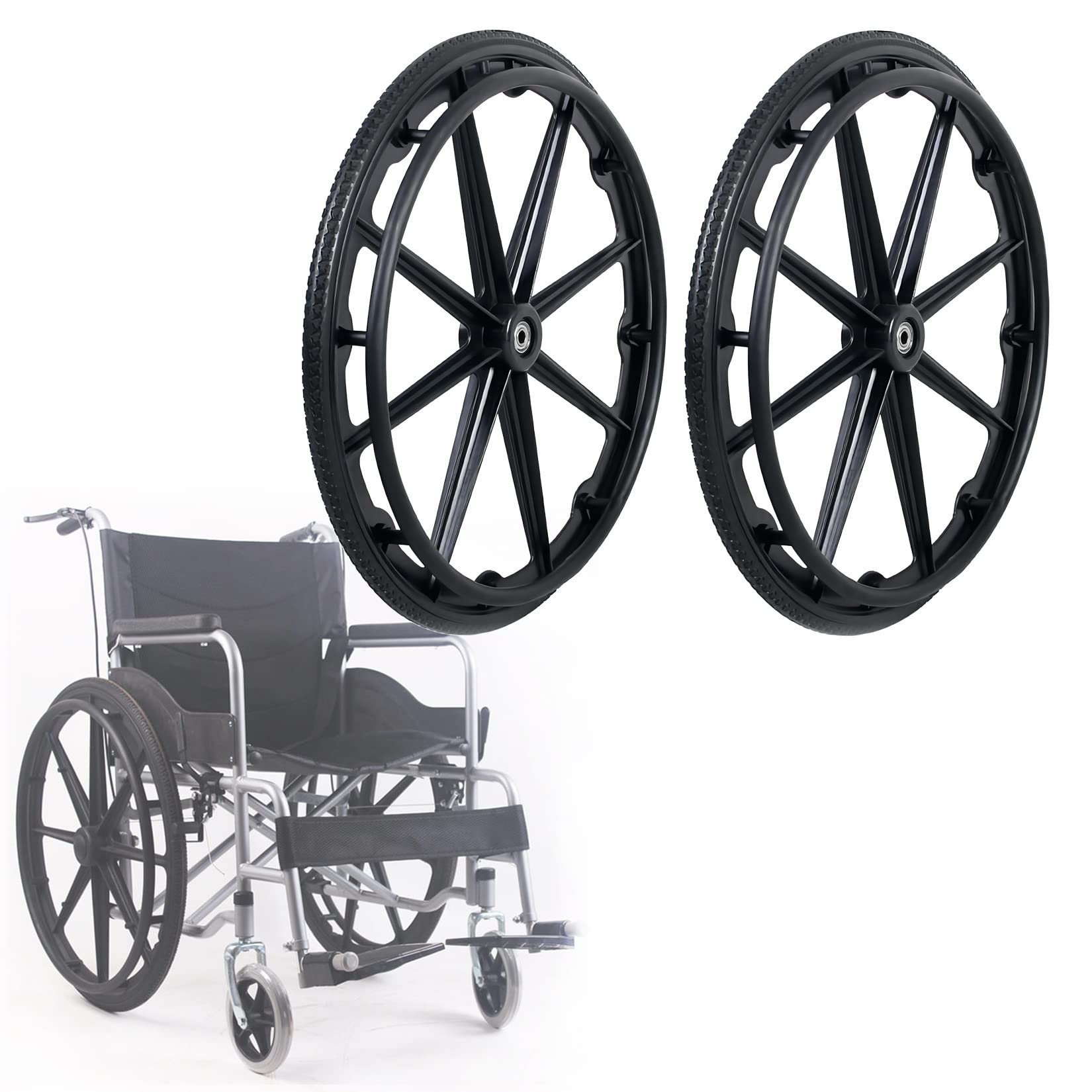 Juego de 2 Ruedas para Silla de Ruedas, Ruedas de Repuesto para Silla de Ruedas de 20, 22 y 24 Pulgadas, Ruedas traseras de Poliuretano Macizo para Silla de Ruedas, con cojinetes y