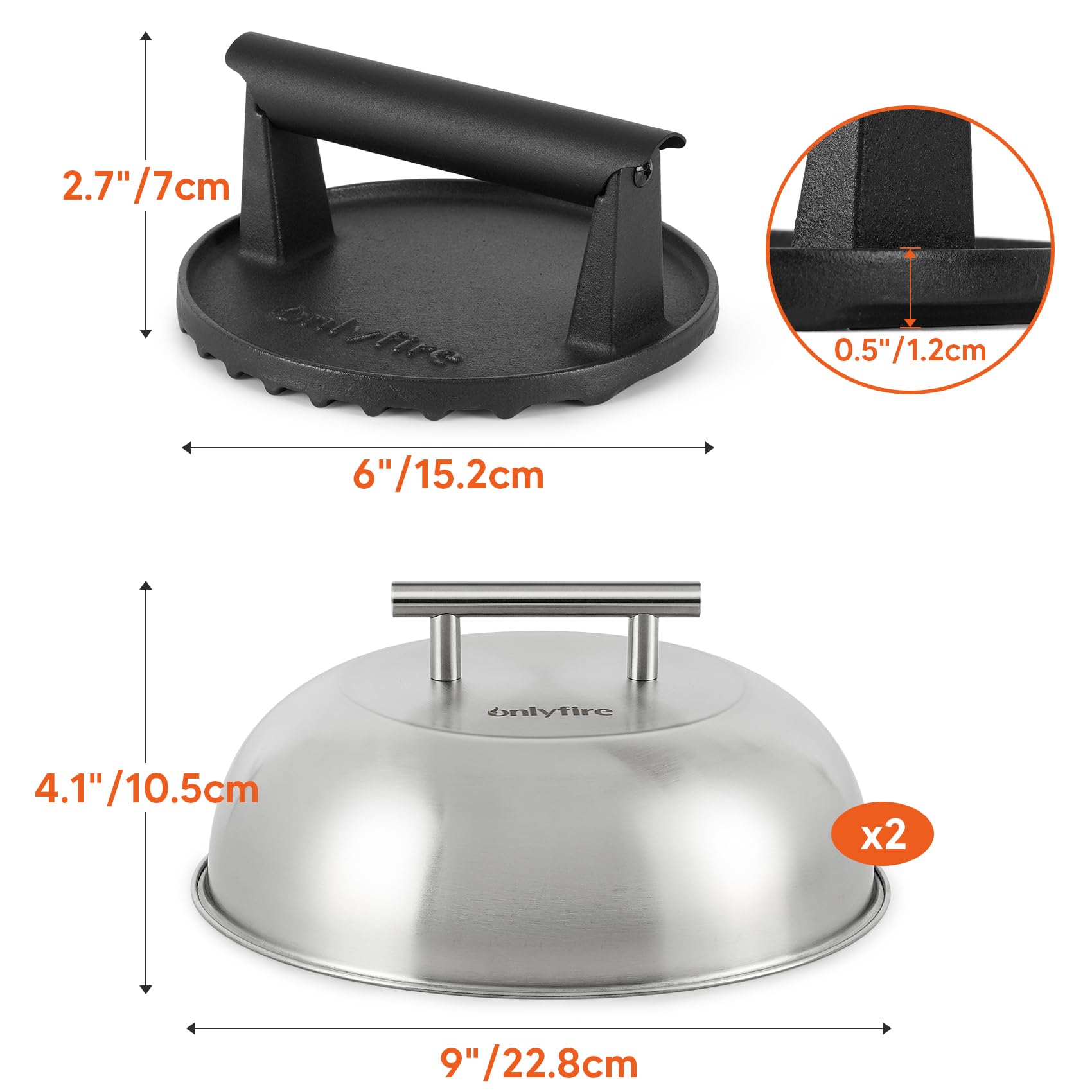 Onlyfire Set Smash Burger 3 Pièces, Presse à Burger Fonte et 2 Cloches Cuisson Acier Inoxydable, Kit Plancha Barbecue