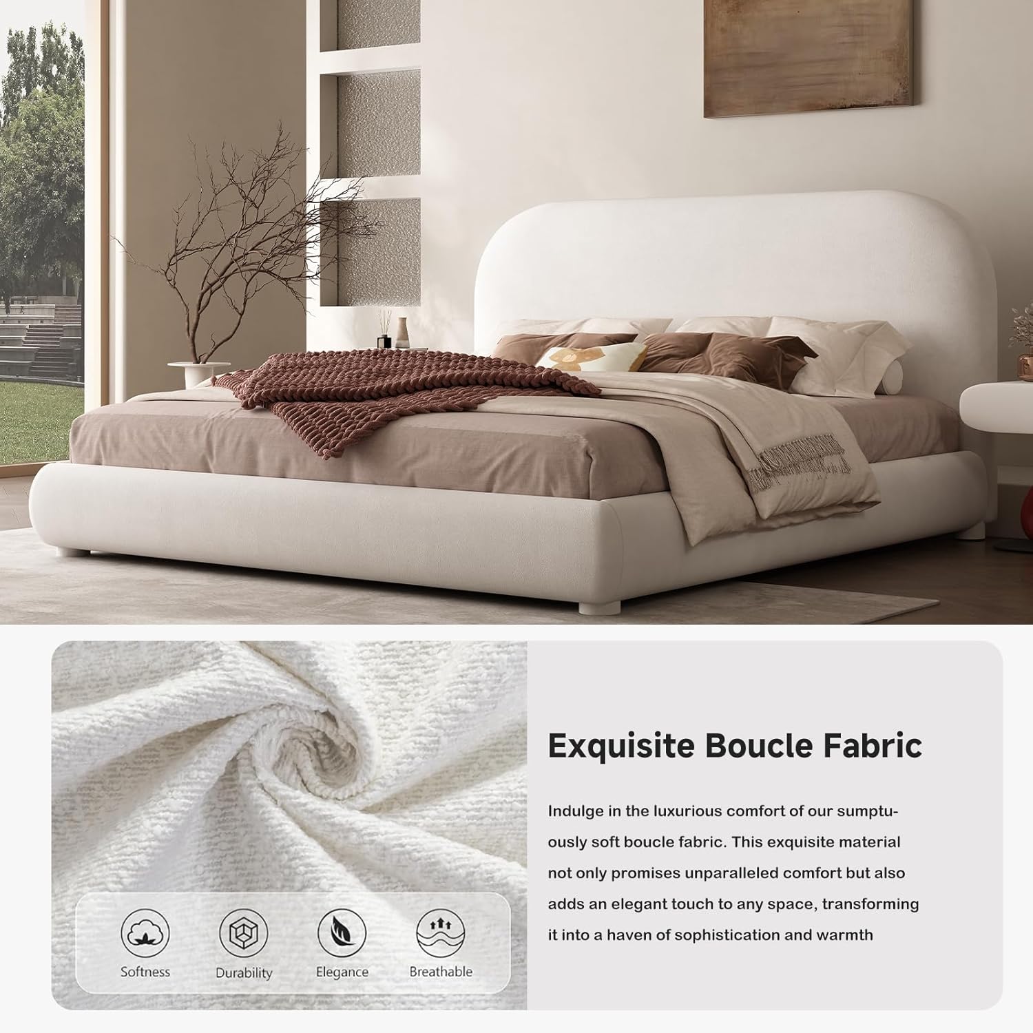 Queen Size Boucle Bed Frame, Upholstered Cloud Bed Frame with Headboard, Soft Platform Bed Frame with Thickened Footboard, Rounded Corners, No Box Spring Required (Cream, King (U.S. Standard))