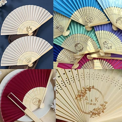Miniatura 5 de GZLDGIFTS 60 abanicos de mano personalizados a granel de seda, regalos de fiesta personalizados para invitados de boda, abanicos de tela