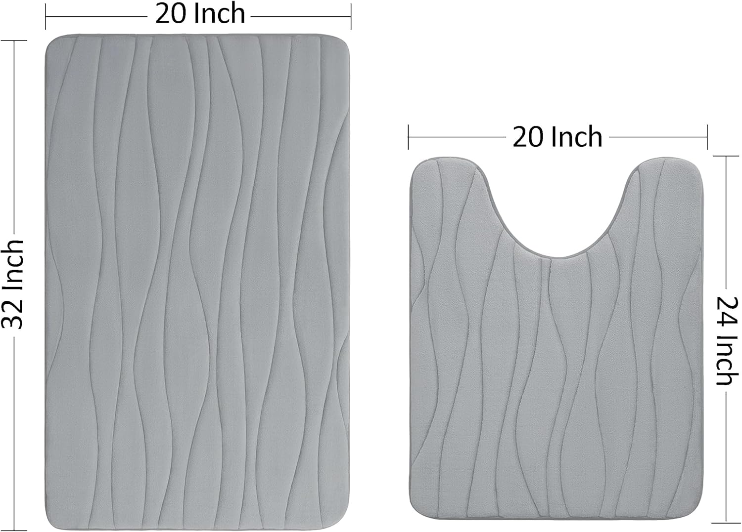 santanu Luxury Flannel Memory Foam Bathroom Rugs Sets 2 Piece - 32x20 Bath Mat + 24x20 U-Shape Contour Rug, Water Absorption Soft Non Slip Thick Absorbent Washable Dry Fast (Wave Light Grey)