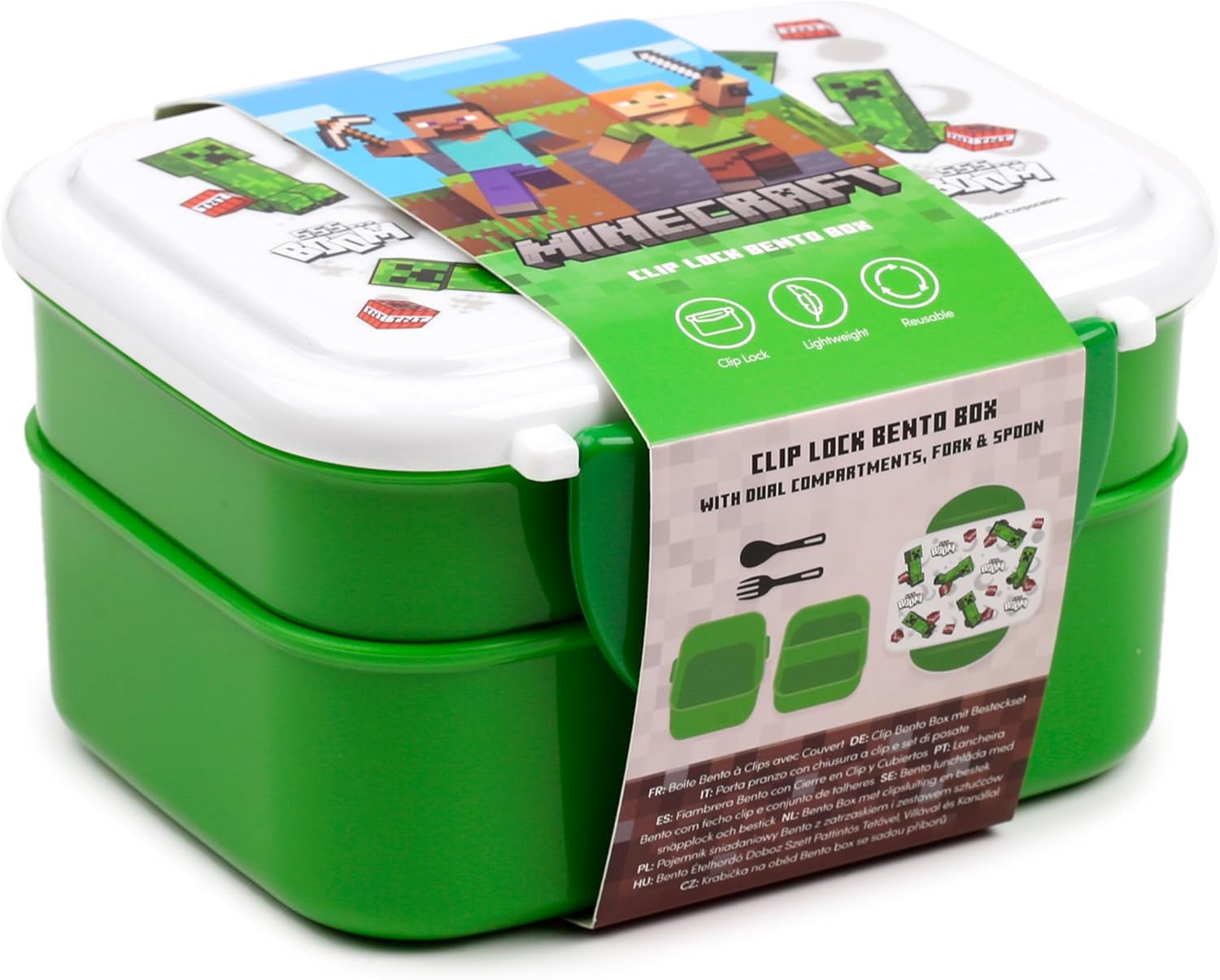 Puckator Minecraft Creeper & TNT Clip Lock Stackable Bento Lunch Box with Cutlery - Image 3