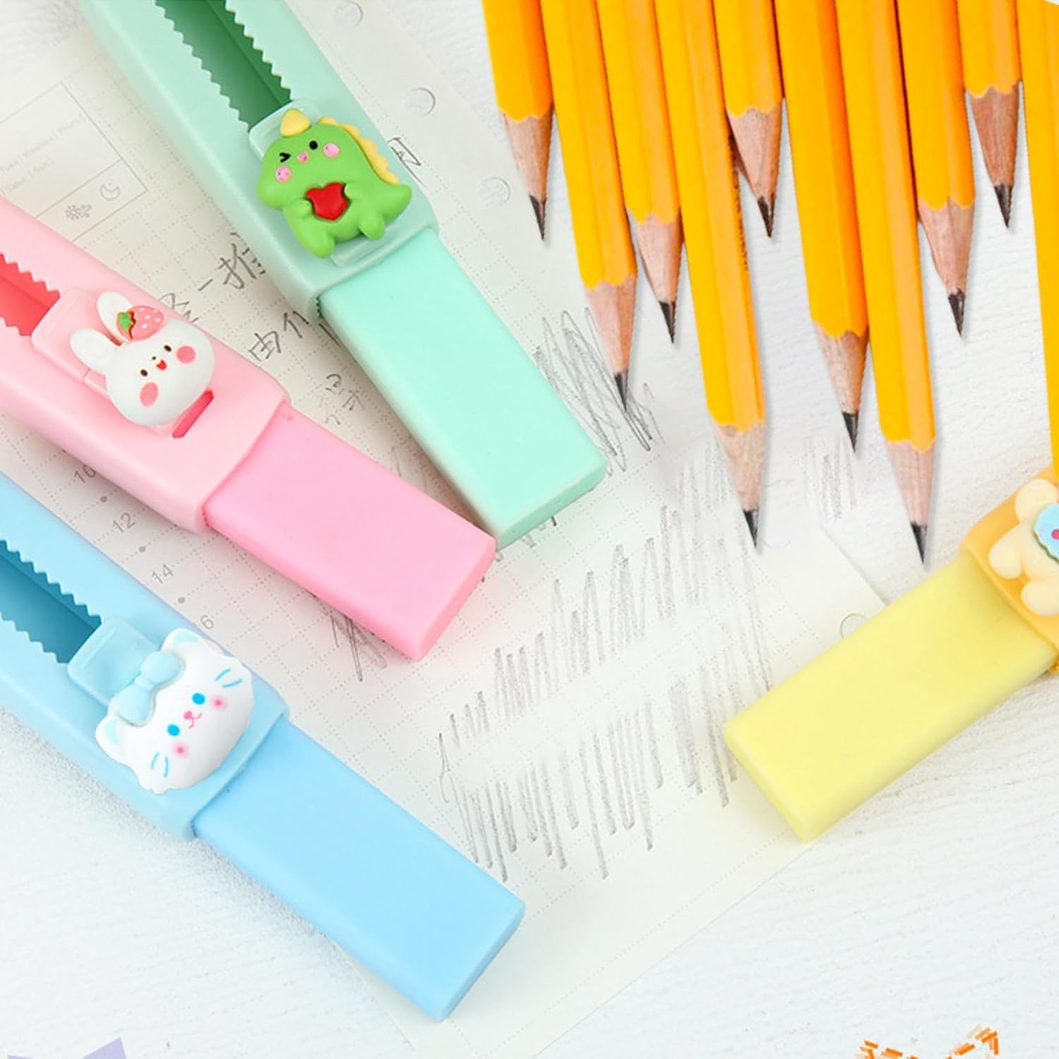 BetterJonny Sliding Retractable Eraser, 4 Color Push Pull Erasers and 8 Refills, Animal Erasers for Pencils Drawing(C)