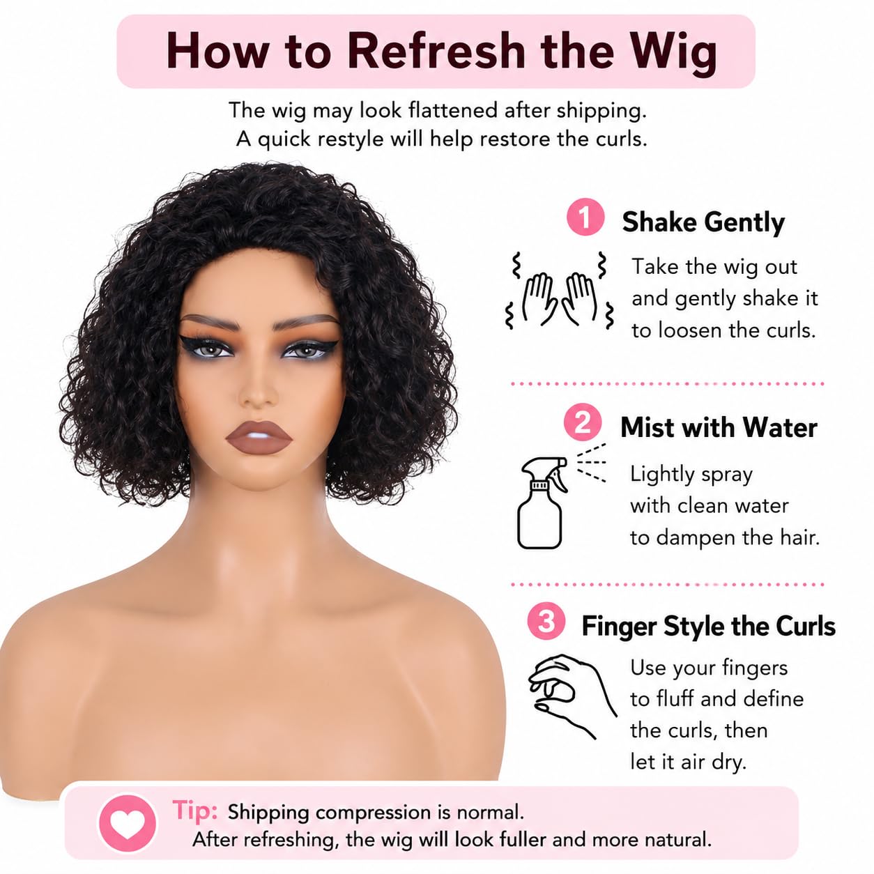 Curly Brazilian Human Hair Wig with Bangs, Glueless Machine-Made Cap