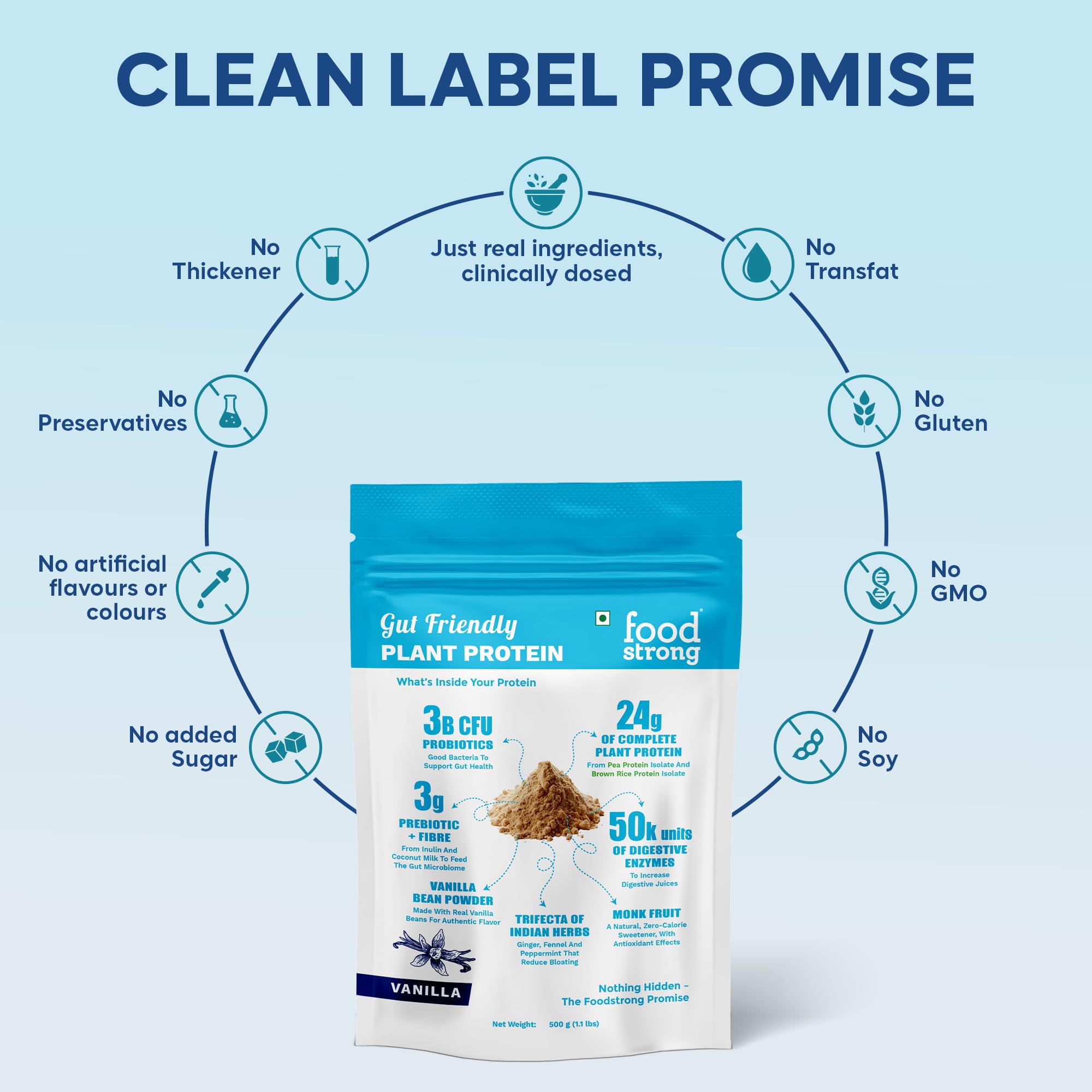 Foodstrong Gut Friendly Plant Protein - Vanilla | 24g Complete Plant Protein with Probiotics, Digestive Enzymes, Prebiotics & Indian Herbs | Vegan | No Sugar | 500g — Amazon image 7