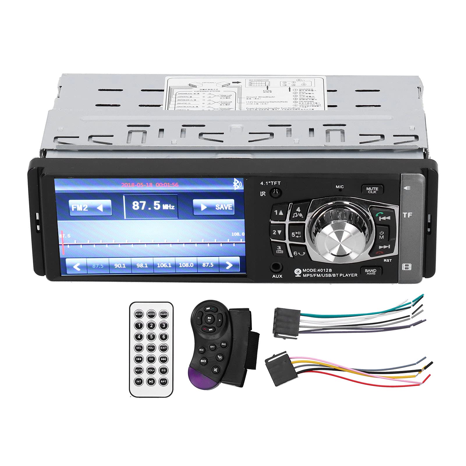 Samochodowy odtwarzacz MP5 z ekranem HD 4,1-calowym radiem stereo Bluetooth – odbiornik multimedialny obsługuje MP3 MP4 bez użycia rąk, radio FM, USB AUX i gniazdo na kartę pamięci z siedmioma