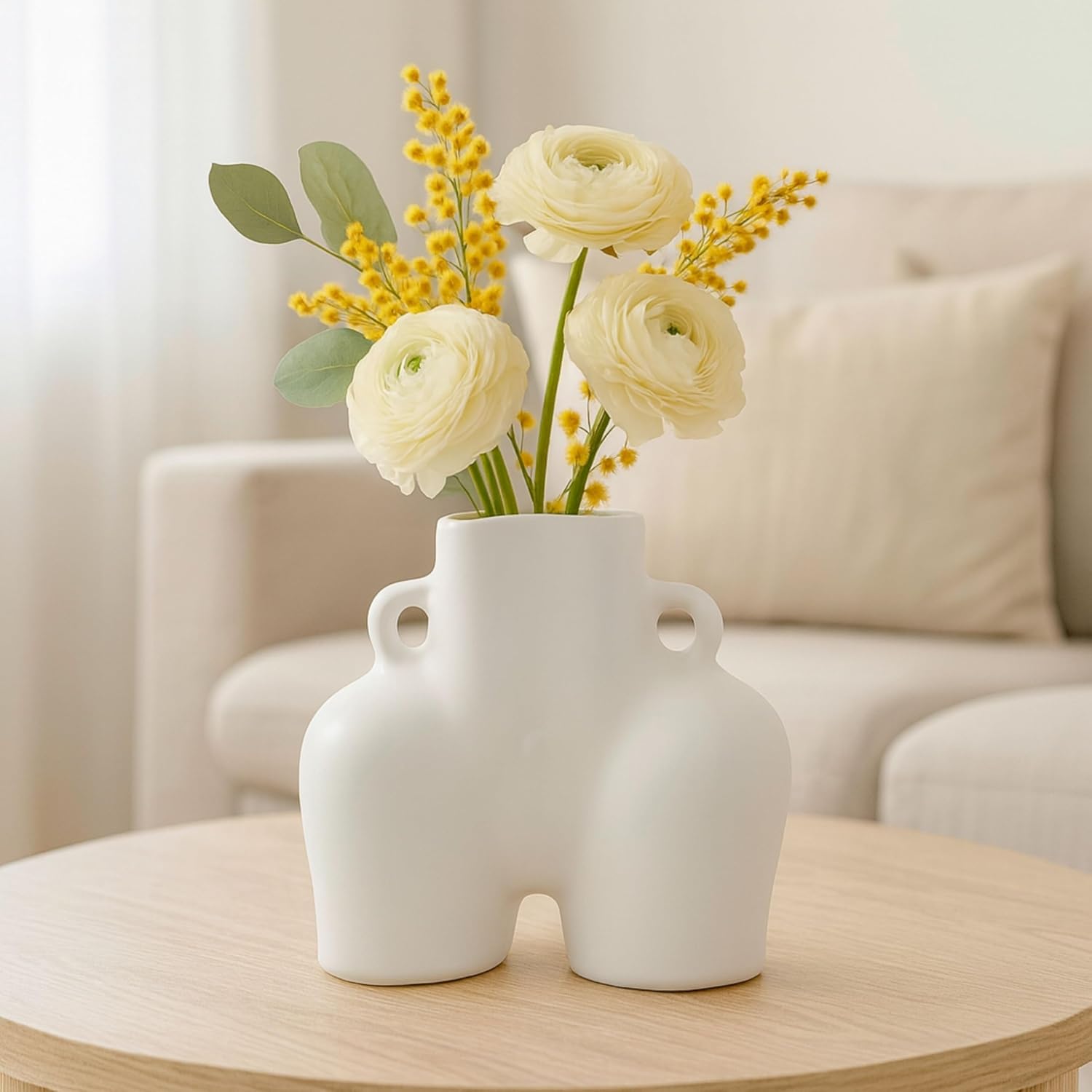Half Body White Ceramic Vase – Flower Holder For Shelf or Table, Living Room or Bedroom – Sculptural Decorative Shape With Modern Glam Detail – Home Decor, Decorative vase – 6", White