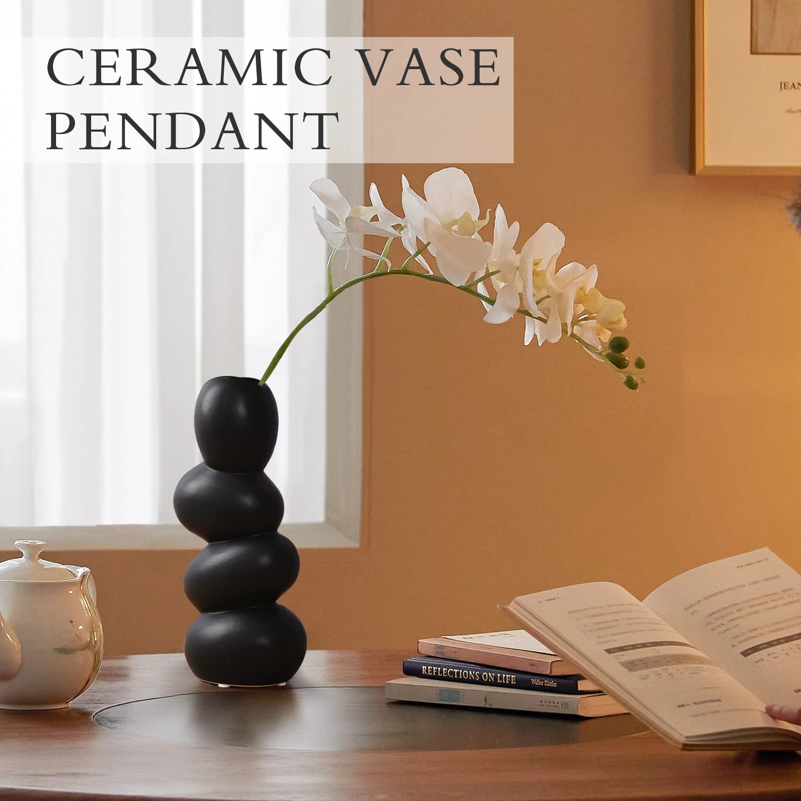 Notakia Ceramic Flower Vase for Home Decor - Handcrafted Cobblestone Shape Vase Centerpiece for Wedding, Decor,Home Decor Living Room, Home, Office, Centerpiece,Table (Black Vase)